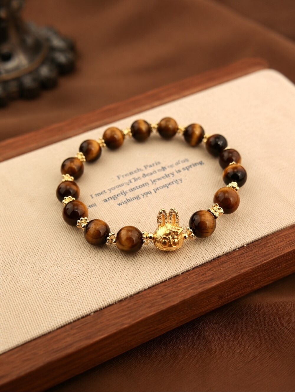 Labubu Tiger Eye Beaded Bracelet Gold Kawaii Stretch Charm Bracelet